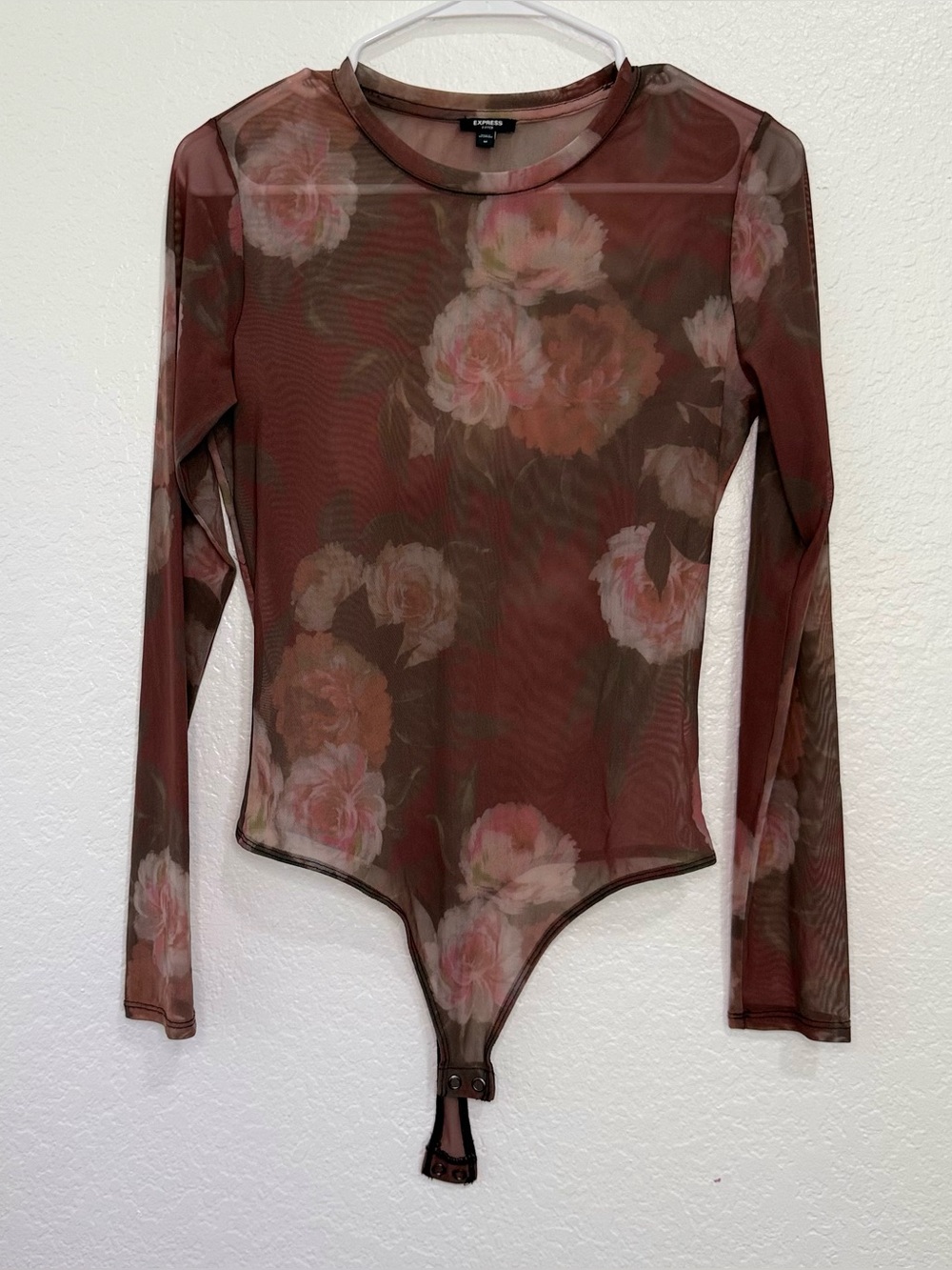 Express Sheer Floral Long-Sleeve Bodysuit Women’s Sz-Medium Brown/Pink
